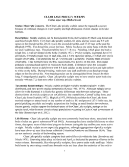 CLEAR LAKE PRICKLY SCULPIN Cottus Asper Ssp. (Richardson) Status: Moderate Concern. the Clear Lake Prickly Sculpin Cannot Be