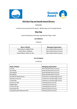 2016 Blue Flag and Seaside Award Winners Blue Flag