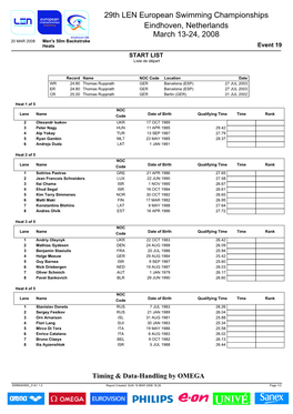 Men's 50M Backstroke Heats Event 19 START LIST Liste De Départ
