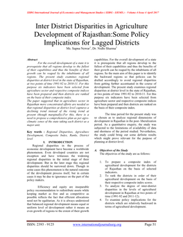 Inter District Disparities in Agriculture Development of Rajasthan:Some Policy Implications for Lagged Districts Ms