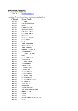 CANALI SKY TV LOCALI ED ALTRI CANALI a Cura Di
