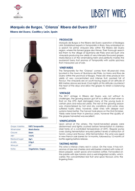 Marqués De Burgos, `Crianza` Ribera Del Duero 2017 Ribera Del Duero, Castilla Y León, Spain