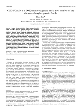 CLK-1/Coq7p Is a DMQ Mono-Oxygenase and a New Member of the Di-Iron Carboxylate Protein Family