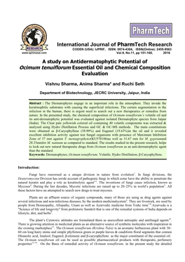 A Study on Antidermatophytic Potential of Ocimum Tenuiflorum Essential Oil and Chemical Composition Evaluation