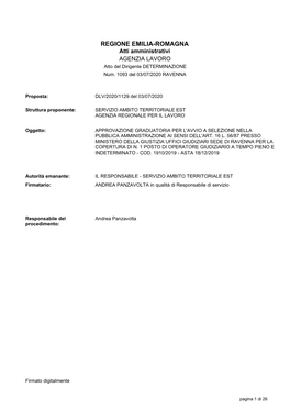 REGIONE EMILIA-ROMAGNA Atti Amministrativi AGENZIA LAVORO Atto Del Dirigente DETERMINAZIONE Num