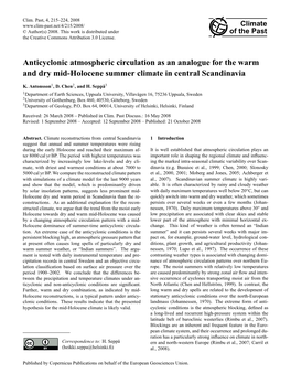 Anticyclonic Atmospheric Circulation As an Analogue for the Warm and Dry Mid-Holocene Summer Climate in Central Scandinavia