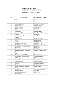 National Assembly House of Representatives List of Committee Clerks