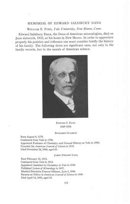 MEMORIAL of EDWARD SALISBURY DANA Wrrlrau E. Fonn