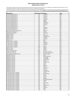 MSA Compliant Tobacco Manufacturers Updated March 16, 2015