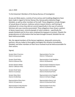 July 2, 2020 to the Esteemed Members of the Kansas Bureau of Investigation
