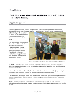 News Release North Vancouver Museum & Archives to Receive $3