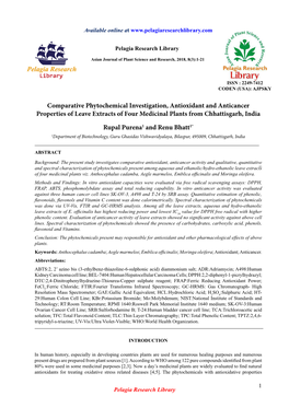 Comparative Phytochemical Investigation, Antioxidant and Anticancer Properties of Leave Extracts of Four Medicinal Plants from Chhattisgarh, India