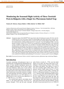 Monitoring the Seasonal Flight Activity of Three Tortricid Pests in Bulgaria with a Single Sex Pheromone-Baited Trap