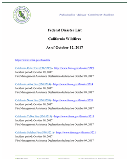 Federal Disaster List California Wildfires As of October 12, 2017