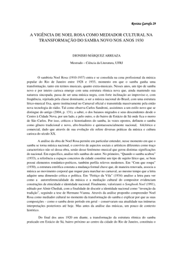 A Vigência De Noel Rosa Como Mediador Cultural Na Transformação Do Samba Novo Nos Anos 1930