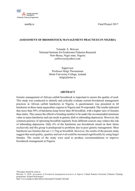 Assessment of Broodstock Management Practices in Nigeria