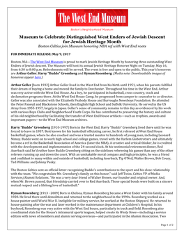 Museum to Celebrate Distinguished West Enders of Jewish Descent for Jewish Heritage Month Boston Celtics Join Museum Honoring NBA Ref with West End Roots