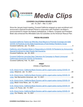 Media Clips COVERED CALIFORNIA BOARD CLIPS Jan