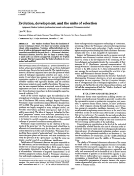 Evolution, Development, and the Units of Selection (Epigenesis/Modern Synthesis/Preformation/Somatic Embryogenesis/Weismann's Doctrine) LEO W