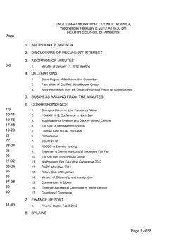 ENGLEHART MUNICIPAL COUNCIL AGENDA Wednesday February 8, 2012 at 6:30 Pm HELD in COUNCIL CHAMBERS Page