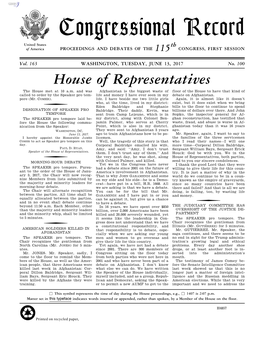 Congressional Record United States Th of America PROCEEDINGS and DEBATES of the 115 CONGRESS, FIRST SESSION