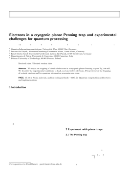 Electrons in a Cryogenic Planar Penning Trap and Experimental Challenges for Quantum Processing