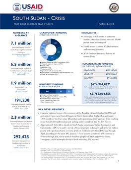 South Sudan - Crisis Fact Sheet #4, Fiscal Year (Fy) 2019 March 8, 2019