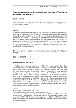 Some Comments on the Flow Velocity and Thinning of Svenbreen, Dickson Land, Svalbard