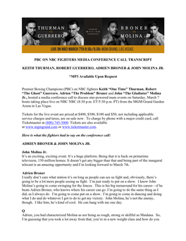 Pbc on Nbc Fighters Media Conference Call Transcript