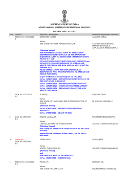 Supreme Court of India Miscellaneous Matters to Be Listed on 19-02-2021