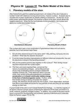 Physics 30 Lesson 31 the Bohr Model of the Atom I