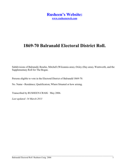 Electoral Roll Rusheen Craig 2006 1 Contents 1869-70 Balranald Sub-Division
