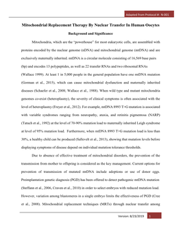 Mitochondrial Replacement Therapy by Nuclear Transfer in Human Oocytes