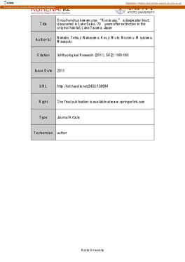 Title Oncorhynchus Kawamurae “Kunimasu,” a Deepwater Trout, Discovered in Lake Saiko, 70 Years After Extinction in the Origi