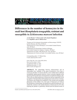 Differences in the Number of Hemocytes in the Snail Host Biomphalaria Tenagophila, Resistant and Susceptible to Schistosoma Mansoni Infection