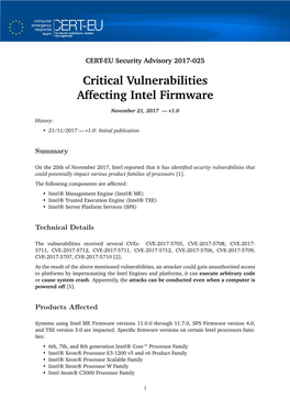 Critical Vulnerabilities Affecting Intel Firmware