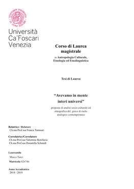 Corso Di Laurea Magistrale in Antropologia Culturale, Etnologia Ed Etnolinguistica