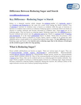 Difference Between Reducing Sugar and Starch Key Difference - Reducing Sugar Vs Starch