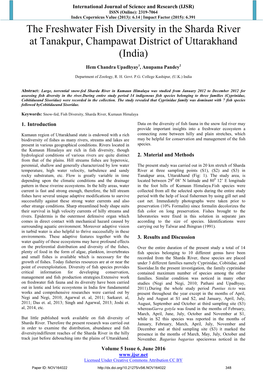 The Freshwater Fish Diversity in the Sharda River at Tanakpur, Champawat District of Uttarakhand (India)