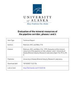 Open File Report No. 79-2 EVALUATION of the MINERAL RESOURCES of the PIPELINE CORRIDOR PHASES I and I1