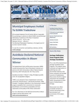 Urban Update: November 15, 2010 -- Municipal Employees Invited to SUMA Tradeshow; Assiniboia Wins National Communities in Bloom; Planning for Growth