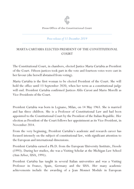 Press Release of 11 December 2019 MARTA CARTABIA ELECTED