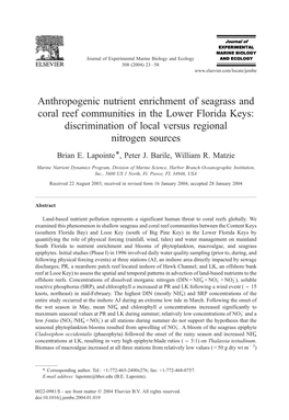 Anthropogenic Nutrient Enrichment of Seagrass and Coral Reef Communities in the Lower Florida Keys: Discrimination of Local Versus Regional Nitrogen Sources