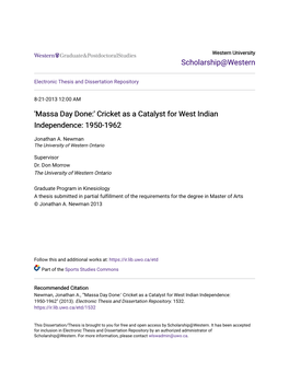 Cricket As a Catalyst for West Indian Independence: 1950-1962