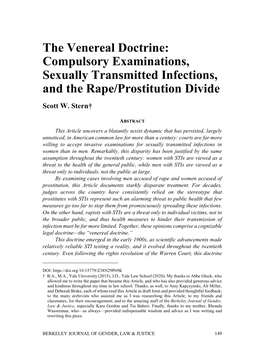The Venereal Doctrine: Compulsory Examinations, Sexually Transmitted Infections, and the Rape/Prostitution Divide Scott W