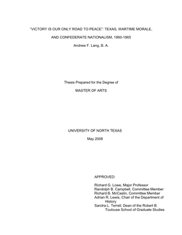 Texas, Wartime Morale, and Confederate Nationalism, 1860-1865