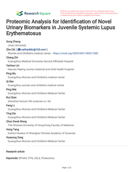 Proteomic Analysis for Identi Cation of Novel Urinary Biomarkers in Juvenile Systemic Lupus Erythematosus