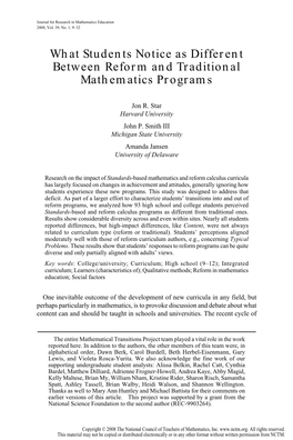 What Students Notice As Different Between Reform and Traditional Mathematics Programs
