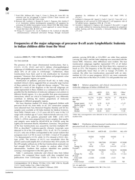 Frequencies of the Major Subgroups of Precursor B-Cell Acute Lymphoblastic Leukemia in Indian Children Differ from the West