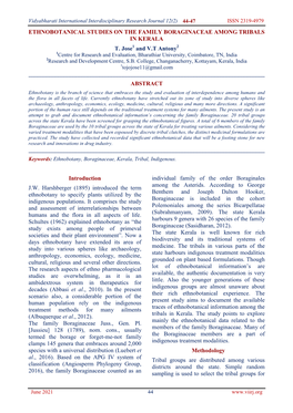 ETHNOBOTANICAL STUDIES on the FAMILY BORAGINACEAE AMONG TRIBALS in KERALA T. Jose and VT Antony